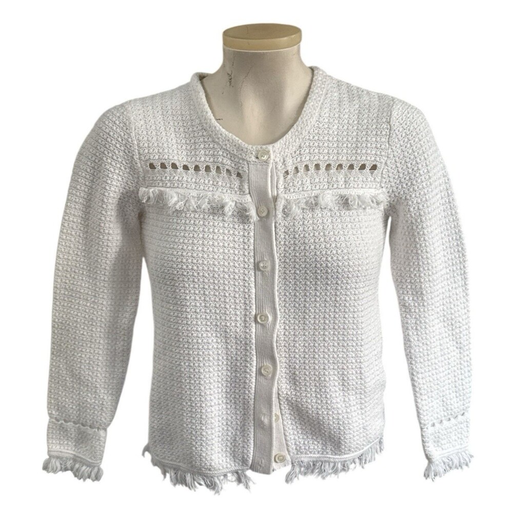 J. Crew Women’s Fringe Trim Cotton tweed Cardigan White XS Cottagecore